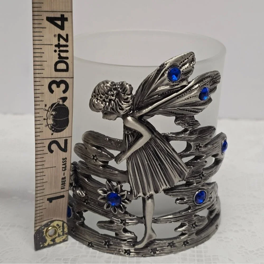 Vintage Silver Metal Fairy Elf Blue Rhinestones Celestial Votive Candle Holder